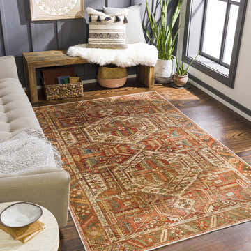 Living room scene with a brick red Mantalongon Washable Area Rug, beige sofa, wood bench, and dark gray accent wall. Roomscene-Rectangle