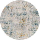 Round Montreat Luxe rug with a contemporary abstract design in cream, gray, teal, and mustard. Design-Round-53