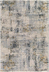 Close-up of the Montreat Luxe Rug, a contemporary design in cream, gray, and mustard hues with a textured, abstract pattern. Design-Rectangle-575