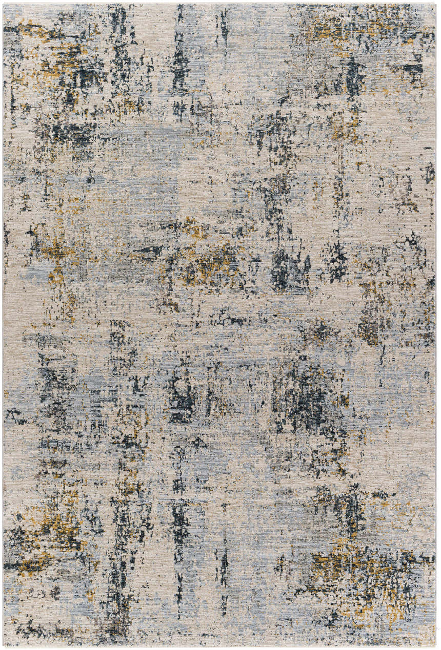 Close-up of the Montreat Luxe Rug, a contemporary rug with cream, gray, teal, and mustard abstract design. Design-Rectangle-6796
