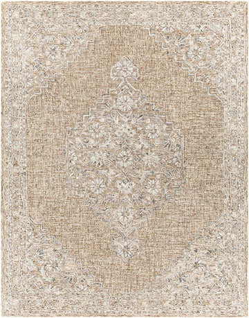 Close-up of the Modimolle Area Carpet. Beige rug with a traditional, Persian-inspired floral medallion and border pattern. Design-Rectangle-79
