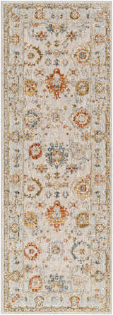 Close-up of the Mogul Luxe Oushak Rug. Features a traditional floral pattern in brick red, cream, denim, and mustard tones. Design-Runner-2773
