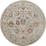 Round Mogul Luxe Oushak Rug with a traditional floral pattern in cream, brick red, denim, and mustard colors. Design-Round-53