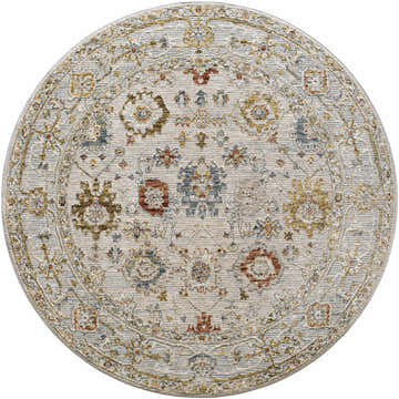 Round Mogul Luxe Oushak Rug with a traditional floral pattern in cream, brick red, denim, and mustard colors. Design-Round-53