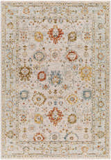 Detailed Mogul Luxe Oushak Rug with brick red, cream, and denim floral pattern. Design-Rectangle-575