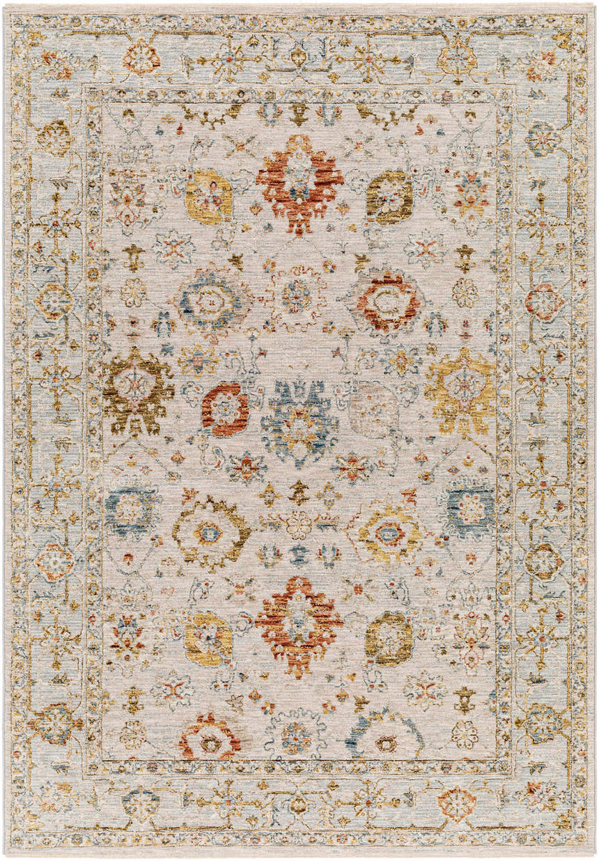 Detailed Mogul Luxe Oushak Rug with brick red, cream, and denim floral pattern. Design-Rectangle-575