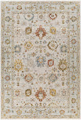 Detailed Mogul Luxe Oushak rug with brick red, cream, denim, and mustard floral and oriental pattern. Design-Rectangle-6796