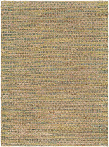 Close-up of the hand woven Molus Area Rug. Jute rug with a contemporary design in natural, yellow, and blue fibers. Design-Rectangle-576