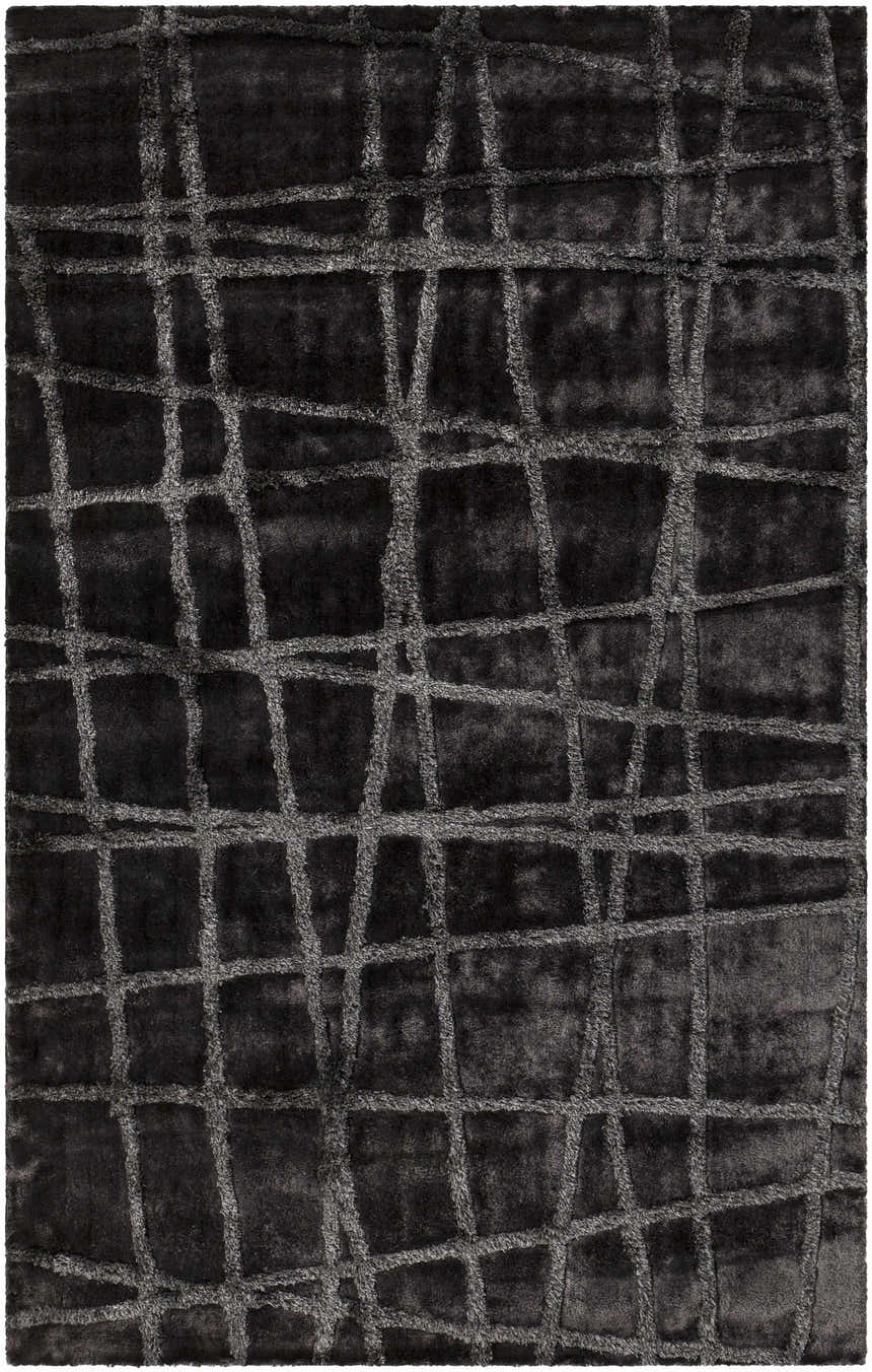 Close-up of charcoal Monango Carpet showing a contemporary hand woven grid pattern and soft polyester texture. Design-Rectangle-58