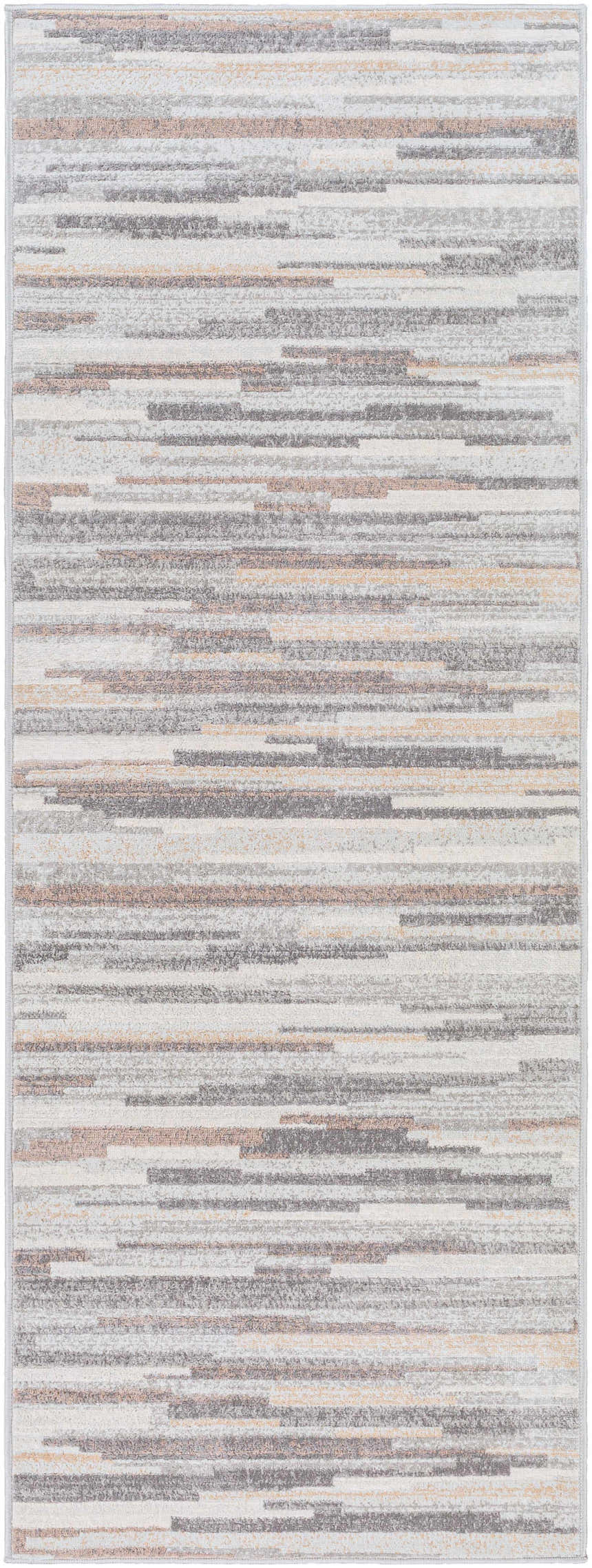 Close-up of the Monkland Area Rug, featuring a contemporary stripe pattern in charcoal, gray, tan, and white hues. Design-Runner-2773