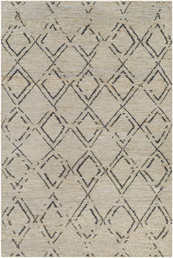 Close-up of Monkstown Jute Carpet. Hand-woven, rectangular rug with black diamond pattern on light gray jute texture. Design-Rectangle-69