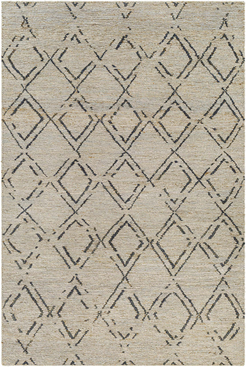 Close-up of Monkstown Jute Carpet. Hand-woven, rectangular rug with black diamond pattern on light gray jute texture. Design-Rectangle-69