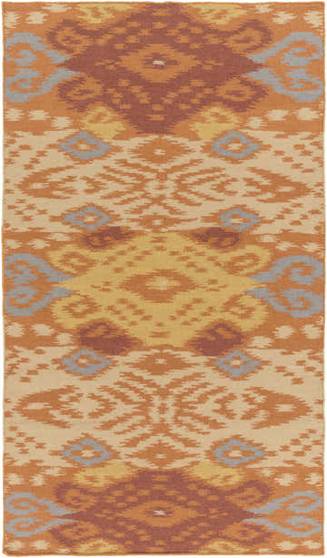Hand woven Monson Area Rug in brick red, camel, tan, mustard, and gray wool with a contemporary ikat-inspired design. Design-Rectangle-576
