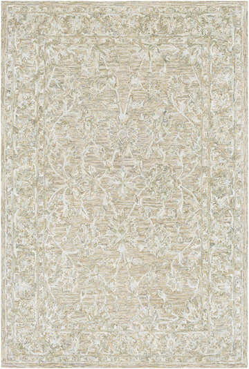 Close-up of the Montmorenci Wool & Faux Silk Rug. Features a traditional floral pattern in ivory, charcoal, mustard, and seafoam. Design-Rectangle
