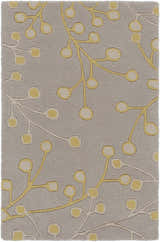 Close-up of Elsu Mustard Wool Area Rug featuring a botanical design with mustard and taupe accents on a charcoal wool background. Design-Rectangle-23