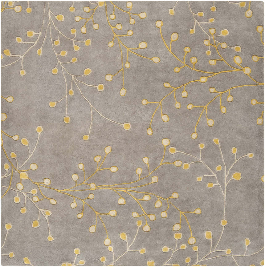 Close-up of Elsu Mustard Wool Area Rug. Charcoal rug with a mustard and taupe floral branch pattern. Hand-tufted texture. Design-Square-6