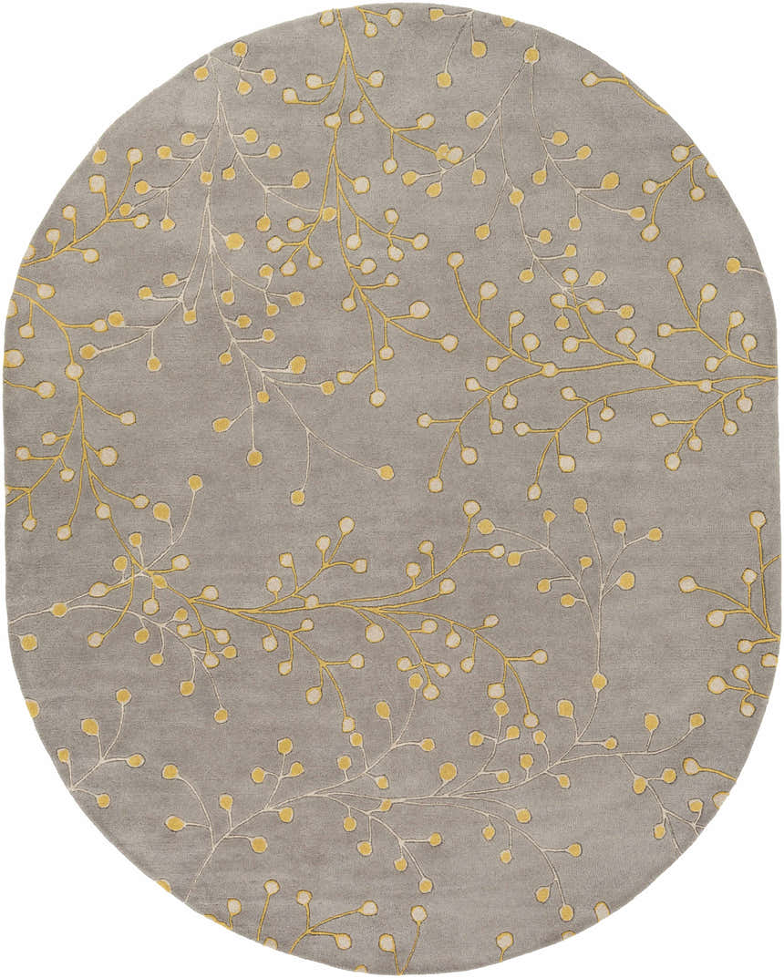 Oval Elsu Mustard Wool Area Rug close-up. Gray rug with mustard and taupe floral branch pattern. Design-Oval-810