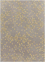 Close-up of Elsu Mustard Wool Area Rug featuring a gray background with a floral pattern in mustard and taupe. Design-Rectangle-811