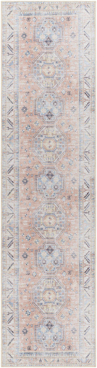 Close-up of the Morcott Peach Washable Area Rug featuring a traditional design with peach, blue, ivory, and oatmeal hues. Design-Runner-2710