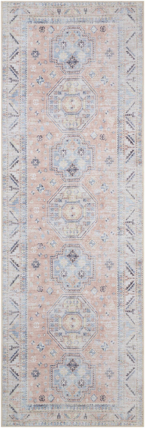 Close-up of the Morcott Peach Washable Area Rug, featuring a traditional design in peach, blue, ivory, and black tones. Design-Runner-2773