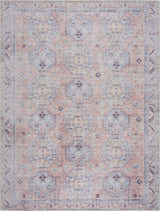 Close-up of the Morcott Peach Washable Area Rug, featuring a traditional oriental design in peach, ivory, and pale blue hues. Design-Rectangle-537