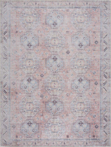 Close-up of the Morcott Peach Washable Area Rug, featuring a traditional oriental design in peach, ivory, and pale blue hues. Design-Rectangle-537