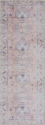 Close-up of the Morcott Peach Washable Area Rug, featuring a traditional oriental design in peach, ivory, and pale blue tones. Design-Runner