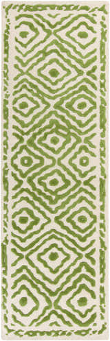 Close-up of the Morehead Area Rug. Hand-knotted wool runner with a grass green geometric pattern on light beige. Design-Runner-268