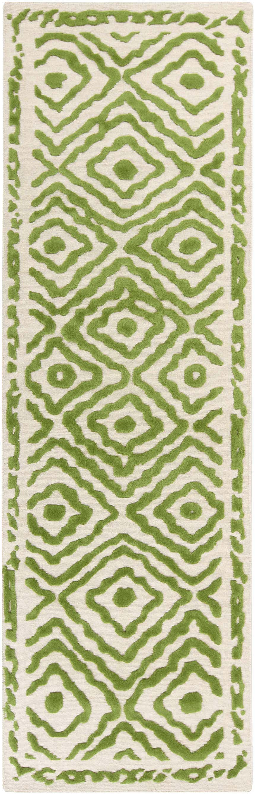 Close-up of the Morehead Area Rug. Hand-knotted wool runner with a grass green geometric pattern on light beige. Design-Runner-268