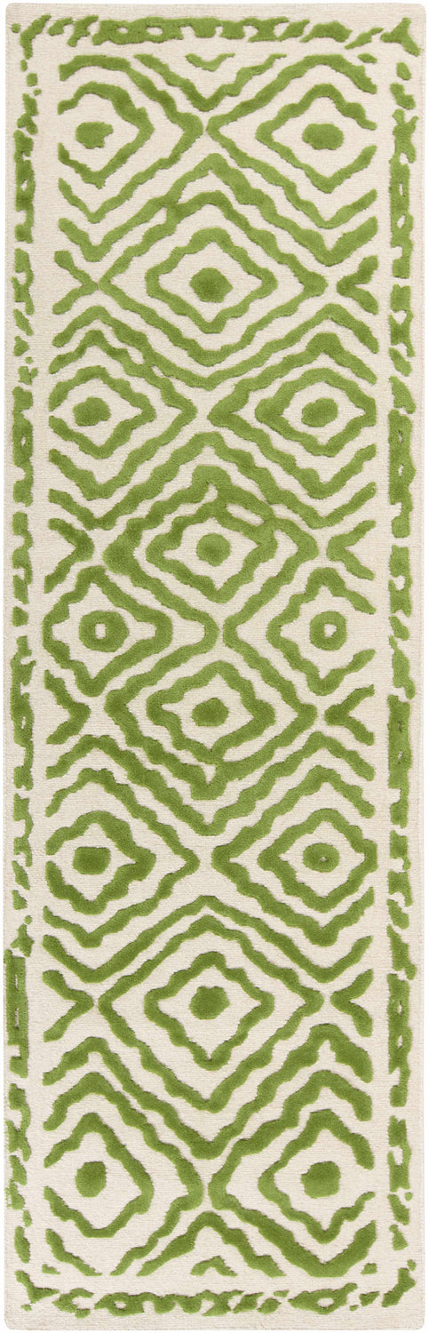 Close-up of the Morehead Area Rug. Hand-knotted wool runner with a grass green geometric pattern on light beige. Design-Runner-268