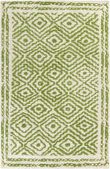 Close-up of the Morehead Area Rug. Hand-knotted wool rug with grass green geometric diamond pattern on light beige. Design-Rectangle-58