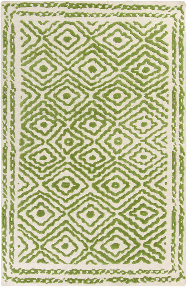 Close-up of the Morehead Area Rug. Hand-knotted wool rug with grass green geometric diamond pattern on light beige. Design-Rectangle-58