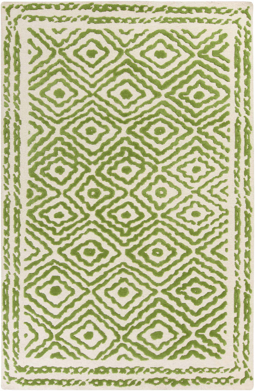 Close-up of the Morehead Area Rug. Hand-knotted wool rug with grass green geometric diamond pattern on light beige. Design-Rectangle-58