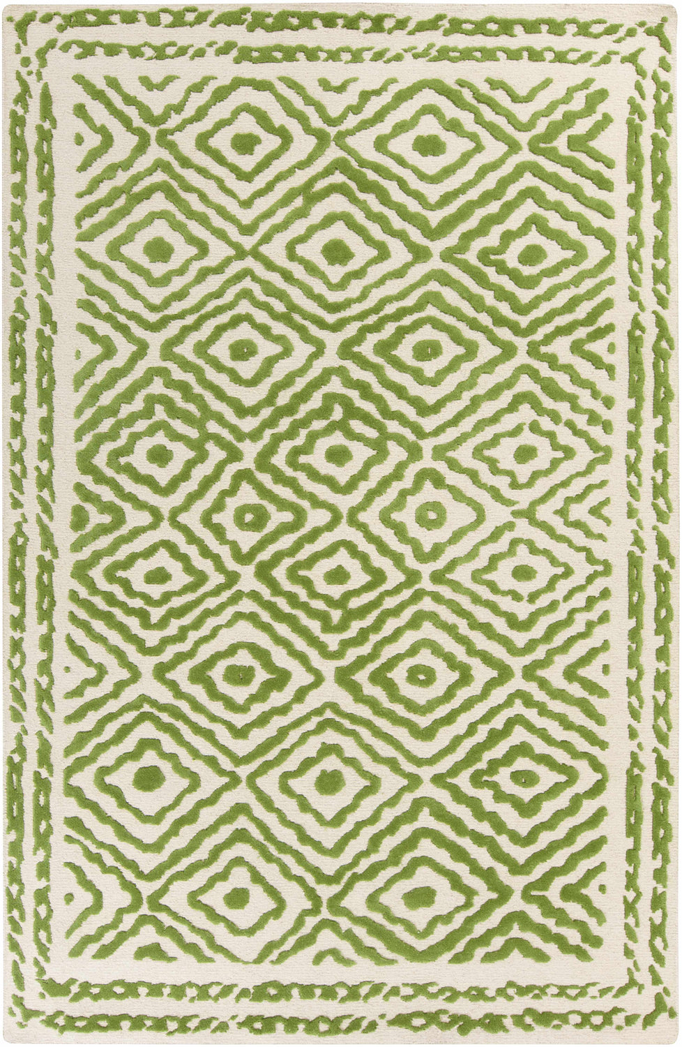Close-up of the Morehead Area Rug. Hand-knotted wool rug with grass green geometric diamond pattern on light beige. Design-Rectangle-58