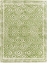 Close-up of the Morehead Area Rug. Hand-knotted wool rug in grass green and light beige with a geometric diamond pattern. Design-Rectangle-811