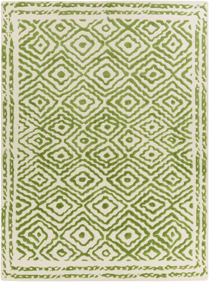 Close-up of the Morehead Area Rug. Hand-knotted wool rug in grass green and light beige with a geometric diamond pattern. Design-Rectangle-811