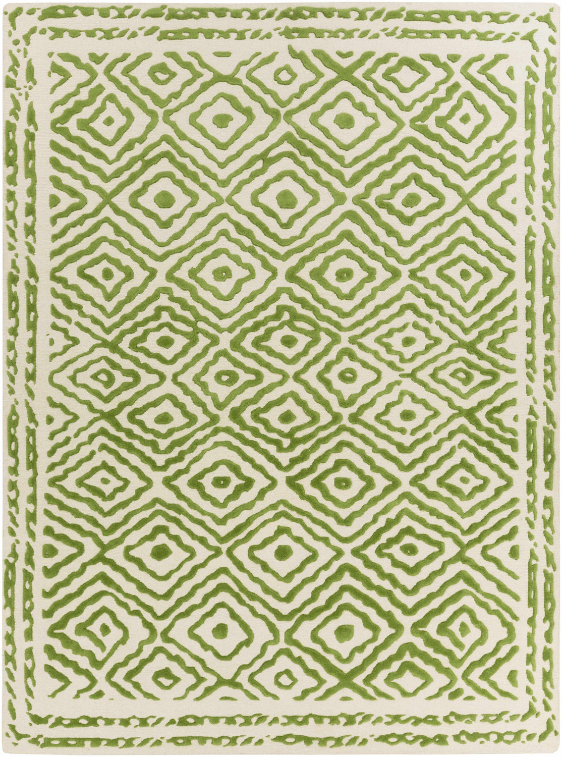 Close-up of the Morehead Area Rug. Hand-knotted wool rug in grass green and light beige with a geometric diamond pattern. Design-Rectangle-811