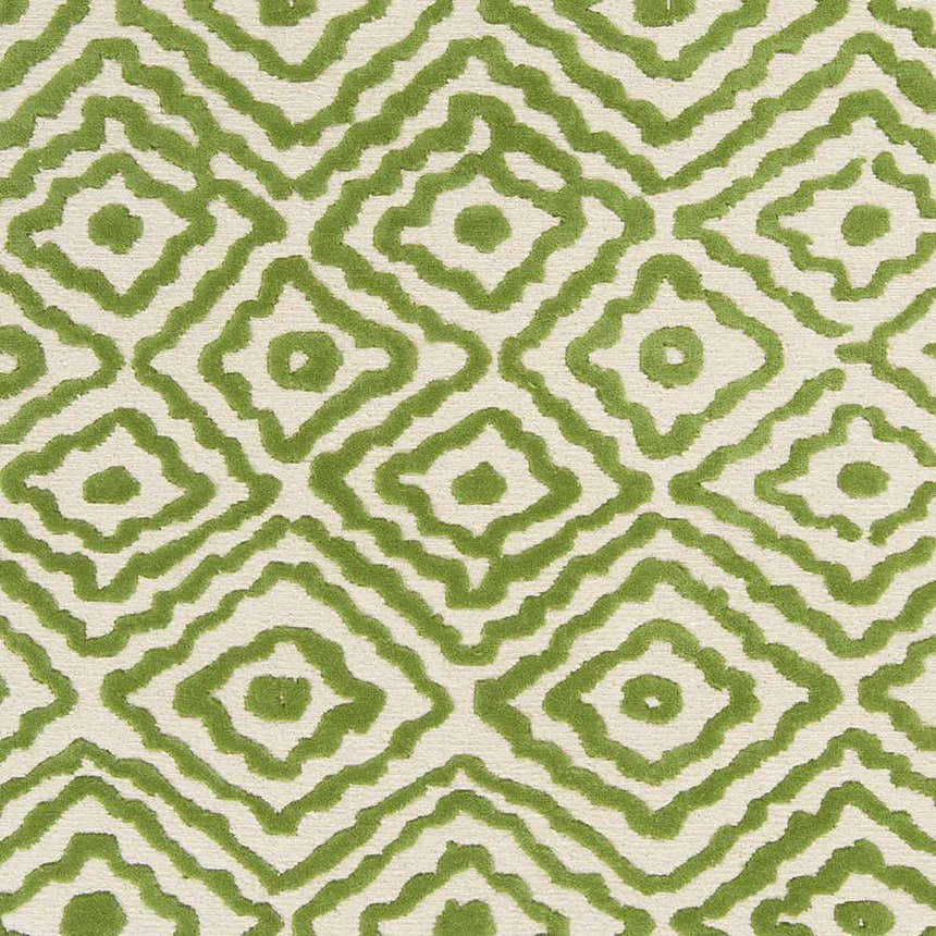 Close-up of the Morehead Area Rug. Grass green geometric diamond pattern on light beige wool. Hand-knotted texture. Swatch