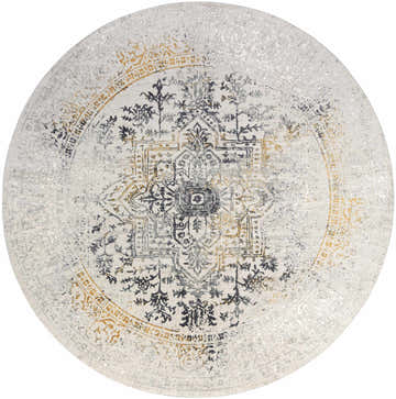 Close-up of round Morriston Faux Silk rug. Features a traditional medallion design in charcoal, gray, and mustard hues. Design-Round-710