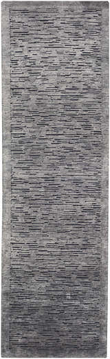 Close-up of the Motcombe Area Rug. Hand-knotted runner rug in black and charcoal with a contemporary horizontal pattern. Design-Runner-268