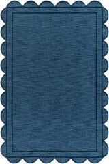 Close-up of the hand-loomed Uhuro Blue Geometric Area Rug, featuring a unique scalloped edge and textured wool. Design-Rectangle-576