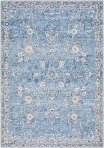 Meyly Blue Washable Area Rug with a traditional floral pattern in silver gray and slate blue. Design-Rectangle-576