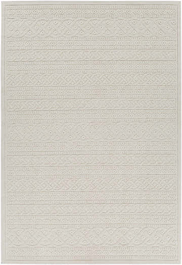Close-up of the cream Maribyrnong 3D Outdoor Area Rug. Features a geometric, bohemian-inspired pattern. Design-Rectangle-5373