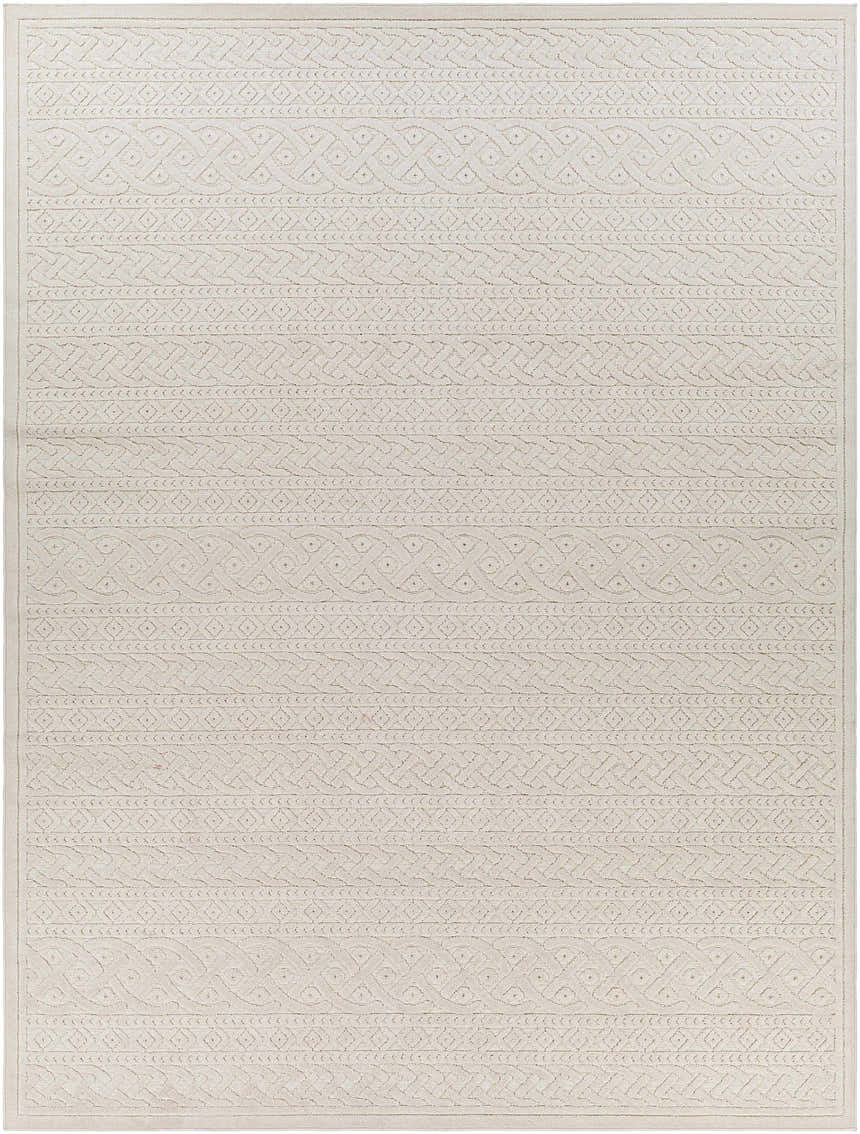 Close-up of the cream Maribyrnong 3D Outdoor Area Rug. Features a textured, geometric, bohemian-inspired pattern. Design-Rectangle-71010