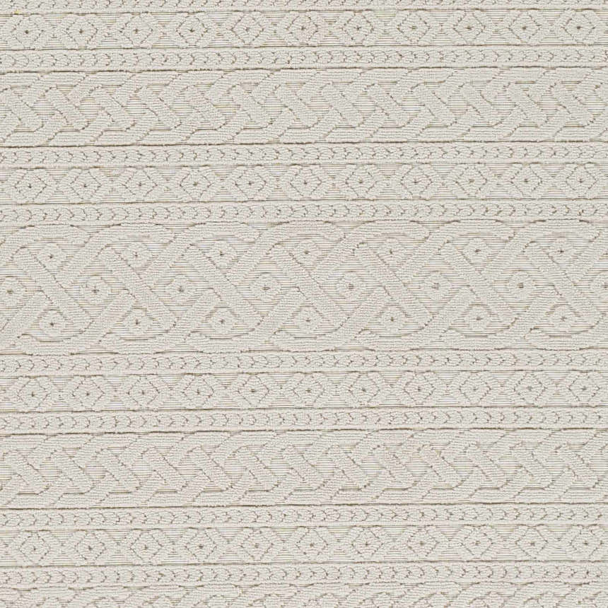 Close-up of the cream Maribyrnong 3D Outdoor Area Rug. Features a textured, bohemian-inspired geometric pattern. Texture