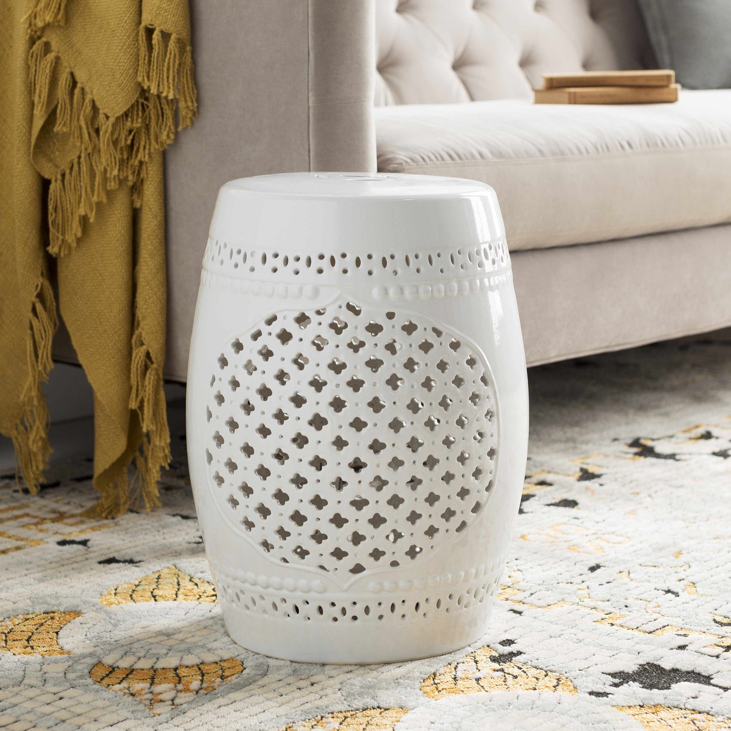 Merida White Patterned Ceramic Outdoor Stool - Clearance
