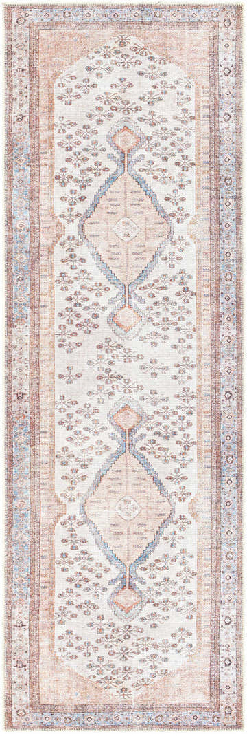 Close-up of a Moora Washable Area Rug runner with a traditional pattern in aqua, blush, brown, and light gray. Design-Runner-2710