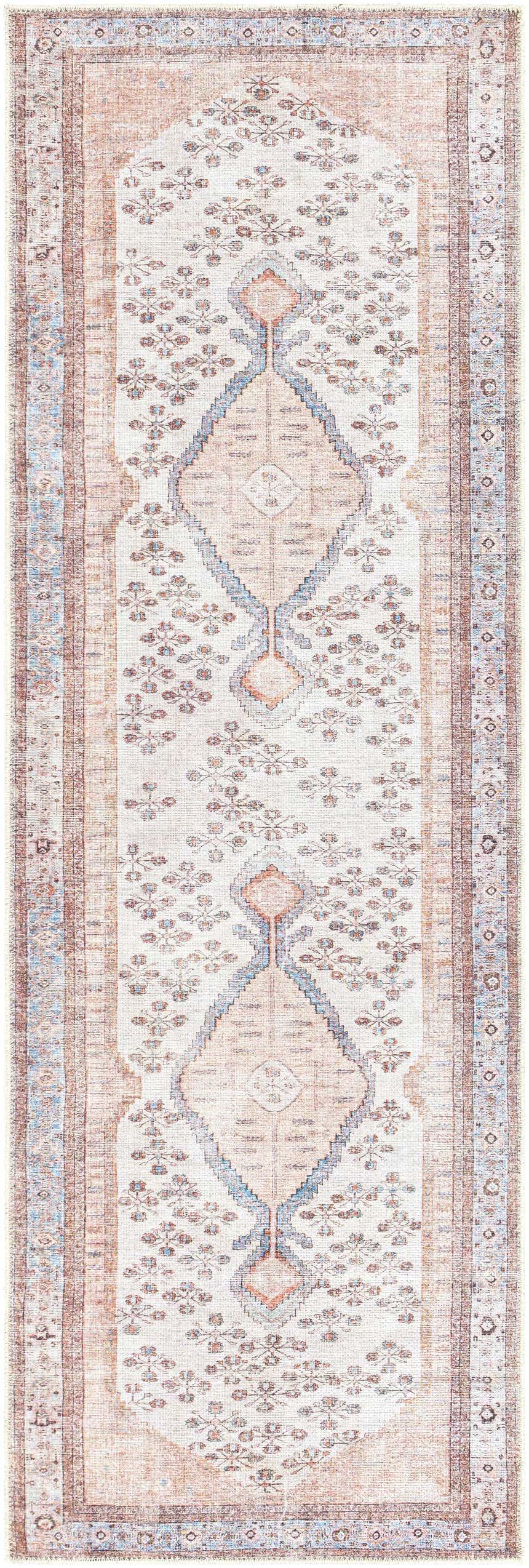 Close-up of a Moora Washable Area Rug runner with a traditional pattern in aqua, blush, brown, and light gray. Design-Runner-2710