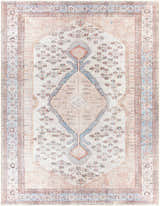 Close-up of the Moora Washable Area Rug, a traditional rug with aqua, brown, and coral floral patterns and a distressed finish. Design-Rectangle-710102