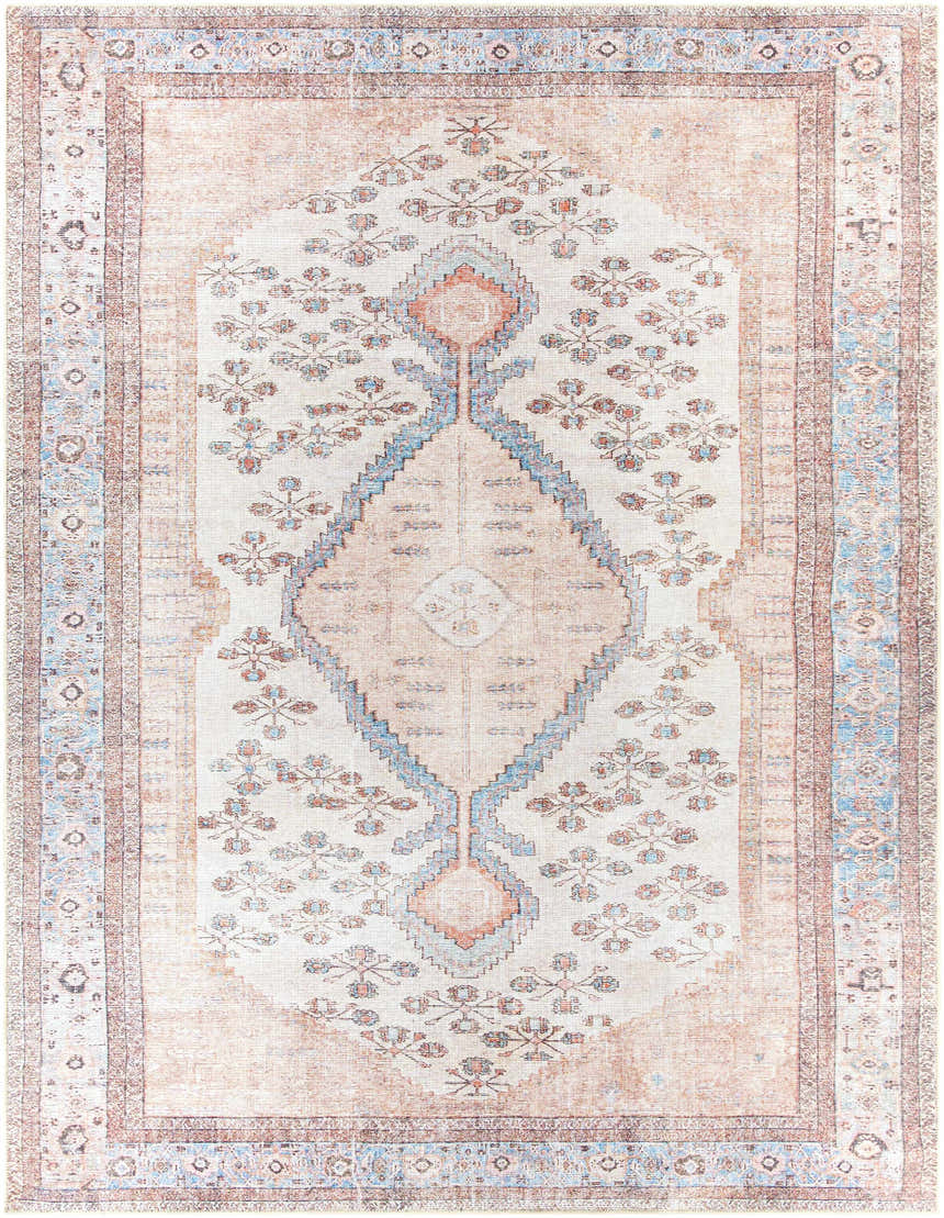 Close-up of the Moora Washable Area Rug, a traditional rug with aqua, brown, and coral floral patterns and a distressed finish. Design-Rectangle-710102
